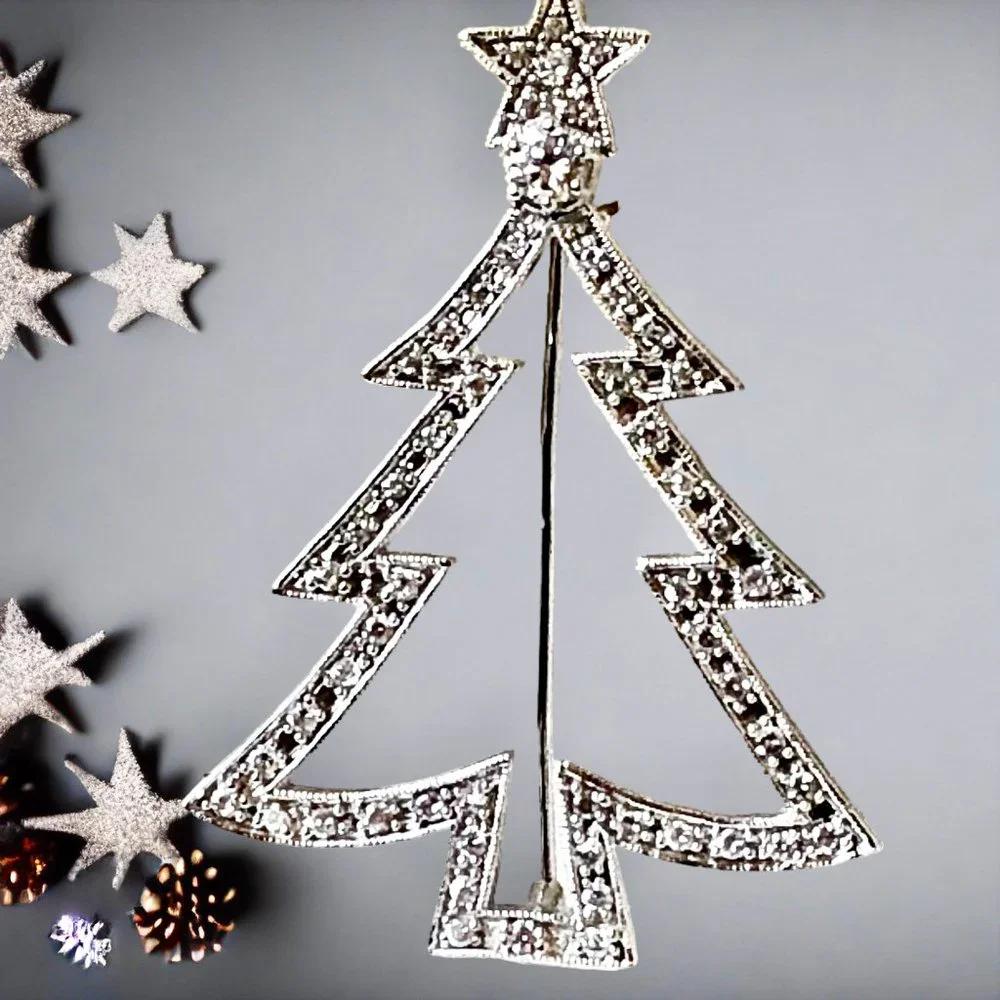 Christmas Tree Vintage Rhinestone Brooch Pin Silvertone + Clear Cut Out